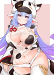  1girl :o animal_ears animal_print blue_hair breasts commentary_request cow_ears cow_girl cow_hood cow_horns cow_print detached_sleeves draph ear_piercing eyebrows_visible_through_hair granblue_fantasy highres horns large_breasts long_hair looking_at_viewer navel piercing purple_eyes shatola_(granblue_fantasy) sheer_clothes short_shorts shorts solo thighhighs thighs white_legwear white_shorts yukibi_shirube 