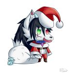  7w7 abs anthro arctic_wolf black_body black_fur black_hair canid canine canis chibi christmas christmas_clothing christmas_headwear clothed clothing fur green_eyes hair haku_hyogaki hakuhyogaki hat headgear headwear heterochromia hi_res holidays horn ice long_hair male mammal neckclace open_mouth open_smile owo padoru red_eyes santa_hat simple_background smile solo uwu white_body white_fur wolf 