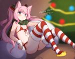  1girl animal_ear_fluff animal_ears bikini blush cat_ears christmas christmas_tree commentary elbow_rest english_commentary extra_ears flat_chest foot_out_of_frame front-tie_bikini front-tie_top fur-trimmed_legwear fur_trim green_eyes green_scarf highres knees_up long_hair looking_at_viewer merry_christmas navel nyatrix original pink_hair plaid plaid_scarf pom_pom_(clothes) red_bikini sack scarf side-tie_bikini slippers solo striped striped_legwear swimsuit thighhighs 