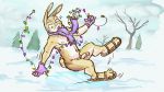  anthro balls christmas christmas_lights digital_media_(artwork) falling genitals hi_res holidays ice lagomorph lavilovi leporid male mammal nipples nude penis plant rabbit scarf snow solo surprised_expression tree 