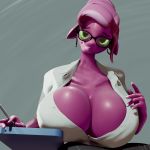 1:1 3d_(artwork) absurd_res anthro anthrofied big_breasts breasts cheerilee_(mlp) cleavage clothed clothing digital_media_(artwork) equid equine eyewear female friendship_is_magic glasses green_eyes hasbro hi_res huge_breasts mammal mature_anthro mature_female moreuselesssource my_little_pony purple_body unbuttoned_shirt 