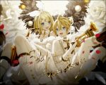  1boy 1girl anniversary backlighting bangs black_neckwear blonde_hair boots bow commentary dated dress fur-trimmed_collar fur-trimmed_dress fur_trim hair_bow hair_ornament hairclip highres holding holding_instrument instrument kagamine_len kagamine_rin knee_boots looking_at_viewer musical_note musical_note_hair_ornament necktie off-shoulder_dress off_shoulder open_mouth orb petals quarter_note saxophone shawl shirt short_hair short_ponytail shorts signature smile spiked_hair swept_bangs trumpet vocaloid white_bow white_dress white_footwear white_shawl white_shirt white_shorts white_uniform wings wreath yamiluna39 