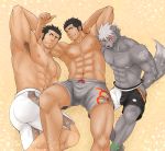  3boys abs animal_ears arm_up armpit_hair armpits ass bara bare_pecs body_hair boy_sandwich bulge character_request chest_hair dark_skin dark_skinned_male facial_hair feet_out_of_frame furry grey_shorts hairy highres looking_at_viewer male_focus male_swimwear master_3_(tokyo_houkago_summoners) multiple_boys muscular muscular_male navel nipples oniwaka_(tokyo_houkago_summoners) pectorals porkjinta sandwiched scar_on_forehead short_hair shorts side_slit side_slit_shorts sideburns simple_background smile stomach stubble swim_trunks swimwear tail thick_thighs thighs thumbs_up tokyo_houkago_summoners white_shorts wolf_boy wolf_ears wolf_tail 