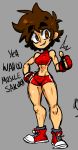  absurdres breasts brown_eyes brown_hair buruma english_commentary english_text fingerless_gloves gloves grey_background hand_on_hip highres jellot kasugano_sakura legs midriff navel red_footwear shoes short_hair sleeveless smile stomach street_fighter thighs thumbs_up toned 