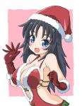  1girl :d black_hair blue_eyes breasts christmas cleavage commentary_request ehime_mikan eyebrows_visible_through_hair fur-trimmed_leotard girls_und_panzer gloves hat highres large_breasts leaning_forward leotard long_hair looking_at_viewer open_mouth outside_border pink_background red_headwear red_leotard santa_costume santa_gloves santa_hat see-through smile solo upper_body waving yamagou_ayumi 