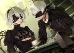  1boy 1girl android bag black_blindfold black_choker black_gloves black_hairband blindfold breasts chair choker cleavage cleavage_cutout closed_mouth clothing_cutout collarbone crack cup floating flower gloves hairband holding holding_flower light_rays mamima mole mole_under_mouth nier_(series) nier_automata parted_lips pink_lips pod_(nier_automata) puffy_sleeves robot see-through short_hair sitting smile table teacup turtleneck white_flower white_hair yorha_no._2_type_b yorha_no._9_type_s 