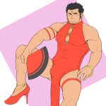  1boy alternate_costume anklet ass_visible_through_thighs bara bare_shoulders black_hair blush bracelet bulge cleavage_cutout clothing_cutout covered_nipples crossdressing dress earrings facial_hair fan flat_color foot_out_of_frame gold_bracelet gold_earrings high_heels highres holding holding_fan jewelry looking_at_viewer male_focus muscular muscular_male oniwaka_(tokyo_houkago_summoners) pectorals pelvic_curtain porkjinta red_dress scar_on_forehead short_hair sideburns sleeveless sleeveless_dress solo spread_legs stubble thick_eyebrows thighs tokyo_houkago_summoners 