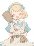  1girl :d apron blonde_hair blue_dress blue_hairband blush calm_mashiro club dress farmer_(sekaiju) hairband holding holding_weapon open_mouth scissors sekaiju_no_meikyuu sekaiju_no_meikyuu_3 short_hair simple_background smile solo weapon white_background 