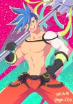  1boy ayukisa bara black_gloves blue_hair bulge cowboy_shot galo_thymos gloves green_hair male_focus navel no_nipples official_style over_shoulder pants pectorals promare red_pants shirtless single_sleeve smile solo spiked_hair toned toned_male weapon weapon_over_shoulder 