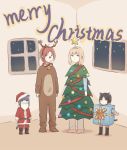  animal_costume black_hair blonde_hair blue_hair character_request christmas christmas_tree_costume copyright_request english_text highres indoors lyy reindeer_costume santa_costume standing window 