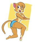  2018 absurd_res anthro bottomwear breasts clothed clothing domestic_cat felid feline felis female fur happy hi_res lily_(gabbah) looking_at_viewer mammal nipples open_mouth open_smile rear_view samoyena shorts smile solo tan_body tan_fur topless 