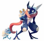  :o bluekomadori closed_eyes closed_mouth commentary english_commentary froakie frog gen_6_pokemon greninja holding looking_back no_humans open_mouth pokemon pokemon_(creature) smile standing tongue tongue_scarf walking 