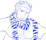  1boy bara bare_pecs blue_theme chest_hair facial_hair hairy looking_at_viewer male_focus muscular muscular_male nipples official_alternate_costume one_eye_closed oniwaka_(tokyo_houkago_summoners) pectorals porkjinta scar_on_forehead scarf short_hair sideburns solo stubble tokyo_houkago_summoners upper_body 