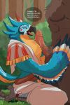  absurd_res anthro avian big_penis blue_body blue_feathers breath_of_the_wild clothing duo english_text feathers genitals hands_on_hips hi_res kass_(tloz) male male/male nintendo oral penis rito sellon sitting text the_legend_of_zelda tongue video_games white_body white_feathers yellow_body yellow_eyes yellow_feathers 
