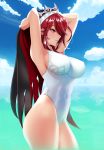  1girl absurdres armpits arms_up blue_sky blush breasts cloud covered_navel covered_nipples day from_side genshin_impact hair_over_one_eye half-closed_eyes happyboynumber1 highres large_breasts leotard looking_to_the_side ocean partially_submerged red_eyes red_hair rosaria_(genshin_impact) sideboob sky smile solo swimsuit swimwear veil 