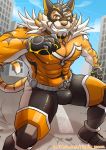  anthro bodysuit clothing felid grin h155296 hi_res live-a-hero male mammal mask muscular muscular_anthro muscular_male pantherine pecs raiki skinsuit smile solo spandex superhero tiger tight_clothing 