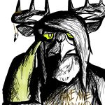  anthro antlers avian bajer_(jurij_bajer) banana beak bird cervid clothed clothing corvid english_text eurasian_magpie food fruit hair holarctic_magpie holding_object horn hybrid jurij_bajer long_hair looking_at_viewer magpie_(corvid) male mammal monochrome oscine passerine pendant plant solo text yellow_sclera 