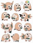  ? arm_up bird bluekomadori blush brown_eyes closed_eyes closed_mouth commentary english_commentary gen_7_pokemon half-closed_eyes head_tilt highres looking_at_viewer no_humans one_eye_closed open_mouth owl pokemon pokemon_(creature) rowlet spoken_question_mark sweat talons tearing_up tongue 