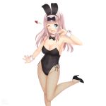  1girl \m/ absurdres animal_ears bangs black_bow black_leotard blue_eyes blunt_bangs bow bowtie breasts bunny_ears bunny_tail cleavage cowboy_shot detached_collar fake_animal_ears fishnet_legwear fishnets fujiwara_chika hair_bow highres kaguya-sama_wa_kokurasetai_~tensai-tachi_no_renai_zunousen~ large_breasts leotard long_hair looking_at_viewer medium_breasts one_eye_closed pantyhose pink_hair playboy_bunny sainohikari simple_background smile solo standing standing_on_one_leg strapless strapless_leotard tail white_background wrist_cuffs 