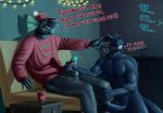  anthro argonian balls bethesda_softworks big_penis black_body black_scales blue_body blue_scales bodily_fluids claws clothed clothing dialogue digital_media_(artwork) duo english_text erection genital_fluids genitals handjob hi_res holidays humanoid_genitalia humanoid_penis kneeling male male/male masturbation membrane_(anatomy) muscular muscular_anthro muscular_male new_year nude open_mouth pecs penile penile_masturbation penis precum reptile scales scalie sex tall_lizzard_(artist) text the_elder_scrolls tongue tristen video_games 