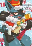  absurd_res animal_genitalia animal_penis blue_body blue_fur canid canine canine_penis christmas darkluxia english_text erection fur genitals hi_res holidays looking_at_viewer lucario male mammal nintendo penis pok&eacute;mon pok&eacute;mon_(species) red_eyes smile text video_games 