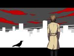  1boy akechi_gorou bird brown_hair city crow from_behind fujishiro_kei persona persona_5 skyline solo standing trench_coat 