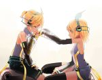  1boy 1girl aqua_nails backlighting bare_shoulders belt black_shorts black_sleeves blonde_hair bodysuit bow closed_eyes commentary d_futagosaikyou detached_sleeves from_side grey_shorts hair_bow hand_kiss headphones highres kagamine_len kagamine_len_(append) kagamine_rin kagamine_rin_(append) kiss leg_warmers looking_at_another nail_polish protected_link see-through_sleeves seiza short_hair short_ponytail shorts sitting speaker spiked_hair taking_another&#039;s_hand vocaloid vocaloid_append white_bodysuit white_bow 