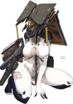  1girl absurdres bodysuit breasts commentary_request helmet highres kneeling large_breasts mecha_musume mixed-language_commentary original science_fiction shizuoxing_kof skin_tight solo white_background white_bodysuit 