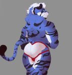  anthro ashi_(character) ashi_ton balls big_butt blue_body blue_eyes blue_fur butt clothing felid feline fur genitals hair jockstrap male male/male mammal muscular muscular_anthro muscular_male pantherine smile solo striped_body striped_tail stripes tattoo tiger underwear white_balls white_hair wide_hips 