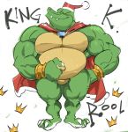  anthro belly biceps cape christmas christmas_clothing christmas_headwear claws clothing crocodile crocodilian crocodylid crown donkey_kong_(series) eyes_closed fangs gold_bracelet green_body hat headgear headwear hi_res holidays king_k._rool male musclegut muscular muscular_anthro muscular_male nintendo pecs red_cape reptile santa_hat scalie solo super_smash_bros. thymilph video_games 