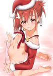  1girl barefoot blush christmas feet fur_trim hair_ornament hair_ribbon hakase_yurisuki hat long_hair looking_at_viewer panties panty_pull red_eyes red_hair ribbon santa_costume santa_hat smile soles solo toes underwear yuuki_yuuna yuuki_yuuna_wa_yuusha_de_aru yuusha_de_aru 