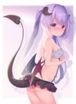  1girl ass bangs bare_arms bare_shoulders black_skirt black_wings blush breasts closed_mouth commentary_request curled_horns demon_girl demon_horns demon_tail demon_wings eyebrows_visible_through_hair from_side hair_intakes heterochromia horns long_hair looking_at_viewer looking_to_the_side miniskirt mismatched_wings nose_blush original pleated_skirt purple_eyes purple_hair red_wings sidelocks skirt small_breasts solo standing strapless tail tail_raised twintails usagimiko very_long_hair white_bandeau wings 