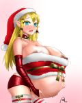  areola big_breasts blonde_hair blue_eyes blush bodily_fluids breasts christmas christmas_clothing christmas_headwear clothing collar elf erect_nipples female genital_fluids hair hat headgear headwear hi_res holding_belly holidays huge_breasts humanoid humanoid_pointy_ears joethestone lactating legwear long_hair looking_at_viewer milk nipples not_furry open_mouth pregnant pussy_juice santa_hat thigh_highs 