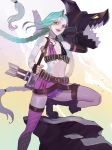  1girl aqua_hair arm_tattoo bare_shoulders belt black_gloves boots brown_belt bullet_necklace fingerless_gloves fingernails gloves gun highres holding holding_gun holding_weapon jinx_(league_of_legends) kyo_niku league_of_legends long_hair navel open_mouth over_shoulder pink_legwear purple_eyes rock shell_casing smile solo tattoo teeth thigh_strap thighhighs tongue torn torn_clothes twintails very_long_hair weapon weapon_over_shoulder 