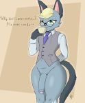  absurd_res animal_crossing anthro big_penis clothing domestic_cat eyewear felid feline felis fur genitals glasses grey_body grey_fur hair heterochromia hi_res invalid_tag lost_lynx male mammal necktie nintendo penis raymond_(animal_crossing) shirt solo thick_thighs top_wear topwear vest video_games 