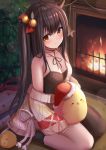  1girl ahoge azur_lane bangs bare_shoulders bell blush breasts brown_hair cleavage commentary_request fire fireplace hair_between_eyes hair_ornament hat horns isuzu_(azur_lane) isuzu_(cozy_christmas_eve)_(azur_lane) long_hair long_sleeves looking_at_viewer manda_(manda9n) manjuu_(azur_lane) medium_breasts off_shoulder red_eyes revision santa_hat side_ponytail sleeves_past_wrists sweater 