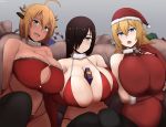  3girls animal_ears bag between_breasts bikini bikini_top black_hair blonde_hair box breast_lift breasts candy candy_cane cleavage covered_nipples dark_skin elbow_gloves fake_animal_ears fake_antlers food fur_collar gift gift_box gloves grey_background hair_over_one_eye hat highres huge_breasts leotard long_hair looking_at_viewer multiple_girls nao_(ritsancrossover) open_mouth original pai-chan_(nao) santa_hat short_hair sitting strapless swimsuit thighhighs thong tubetop watermark 