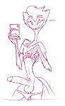  4_eyes anthro avian balls big_penis bird clothed clothing clothing_lift demon erection g-h- genitals helluva_boss male multi_eye owl owl_demon penis phone selfie shirt shirt_lift simple_background smile solo stolas_(vivzmind) topwear 