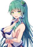  1girl armpits arms_under_breasts bangs breasts cleavage cleavage_cutout clothing_cutout e.o. eyebrows_visible_through_hair frog_hair_ornament green_eyes green_hair hair_ornament highres kochiya_sanae large_breasts long_hair looking_at_viewer navel nontraditional_miko open_mouth shirt sideboob simple_background sleeveless sleeveless_shirt smile snake_hair_ornament solo standing sweat touhou upper_body v-shaped_eyebrows white_background white_shirt 