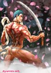  1boy ass ayukisa back_tattoo bara bead_necklace beads blue_hair cherry_blossoms eyeshadow from_behind fundoshi holding holding_sword holding_weapon japanese_clothes jewelry loincloth_lift looking_at_viewer looking_back makeup male_focus mouth_hold muscular muscular_male necklace petals solo sword tattoo textless thick_thighs thighs touken_ranbu weapon white_male_underwear yamabushi_kunihiro 