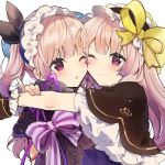  2girls :3 :o atelier_(series) atelier_lydie_&amp;_suelle black_bow blonde_hair blush bow brown_capelet hair_bow hair_ribbon hug ikeuchi_tanuma lydie_marlen multiple_girls parted_lips purple_bow purple_eyes ribbon siblings simple_background smile suelle_marlen twins white_background yellow_ribbon 