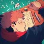  1boy black_hair blush from_above gb4818 highres itadori_yuuji jujutsu_kaisen male_focus multicolored_hair notebook open_mouth pencil pink_hair scribble short_hair sleeping solo two-tone_hair undercut upper_body zzz 