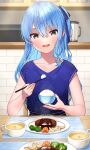  1girl absurdres blender blue_eyes blue_hair blue_shirt blush bowl casual chopsticks collarbone commentary eating food hair_between_eyes highres holding holding_chopsticks hololive hoshimachi_suisei indoors light_particles long_hair microwave open_mouth plate pov rice shirt short_sleeves sitting smile solo_focus soup star_(symbol) star_in_eye symbol_in_eye table tomozu virtual_youtuber 