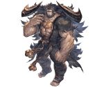  1boy abs bare_pecs barefoot beard black_hair brown_eyes cow_horns draph facial_hair full_body giant giant_male granblue_fantasy grey_pants horns jewelry long_hair male_focus minaba_hideo mugen_(granblue_fantasy) muscular muscular_male necklace official_art open_clothes open_shirt pants pointy_ears shirt solo stomach torn_clothes torn_shirt transparent_background veins very_long_hair 