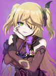  1girl bangs black_gloves blonde_hair bow breasts elbow_gloves eyebrows_behind_hair eyepatch fischl_(genshin_impact) genshin_impact gloves green_eyes highres long_hair looking_to_the_side one_eye_covered purple_background purple_bow purple_lips small_breasts smile solo terumin_(yuganda_sebone) two_side_up 