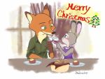  2020 4:3 anthro blush bread canid canine christmas clothed clothing dipstick_ears disney duo english_text eye_contact female food fox fur green_eyes grey_body grey_fur hi_res holidays jewelry judy_hopps lagomorph leporid looking_at_another male mammal multicolored_ears necklace nick_wilde nklove3104 orange_body orange_fur plate purple_eyes rabbit red_fox smile text wine_glass zootopia 