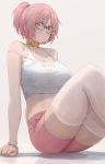  1girl absurdres bangs bare_shoulders blush breasts brown_eyes closed_mouth glasses highres large_breasts looking_at_viewer original pink_hair pink_shorts ponytail short_hair short_ponytail shorts sitting smile sports_bra thighhighs thighs white_legwear yohan1754 