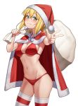  1girl akatsuki_kirika bikini blonde_hair blush breasts cape cleavage closed_mouth commentary_request cowboy_shot fur-trimmed_cape fur_trim green_eyes hands_up hat holding holding_sack large_breasts looking_at_viewer navel over_shoulder red_bikini red_cape red_headwear red_legwear sack santa_hat senki_zesshou_symphogear short_hair simple_background skindentation smile solo stomach striped striped_legwear swimsuit thighhighs tsukamoto_kensuke two-tone_legwear w white_background white_legwear 