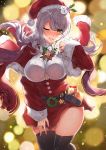  1girl ;d bell belt belt_buckle black_legwear blonde_hair blurry blush bobblehat bokeh bow bowtie breasts brown_hair buckle button_gap closed_mouth collared_shirt depth_of_field eyebrows_visible_through_hair fur-trimmed_headwear fur-trimmed_sleeves fur_trim hair_ornament hand_up hat high-waist_skirt highres holly_hair_ornament kawai large_breasts long_sleeves looking_at_viewer miniskirt nose_blush one_eye_closed open_mouth original pouch red_bow red_headwear red_neckwear red_skirt santa_costume santa_hat shirt silver_hair skirt smile snowman_hair_ornament solo sparkle thighhighs thighs underbust white_shirt wreath zettai_ryouiki 