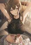  1girl ahoge armpits arms_behind_head arms_up bangs bare_shoulders blurry blurry_background blush breasts brown_eyes brown_hair highres idolmaster idolmaster_shiny_colors indoors kuwayama_chiyuki large_breasts long_hair looking_at_viewer parted_lips revision sarong sola_(solo0730) wet yellow_eyes 